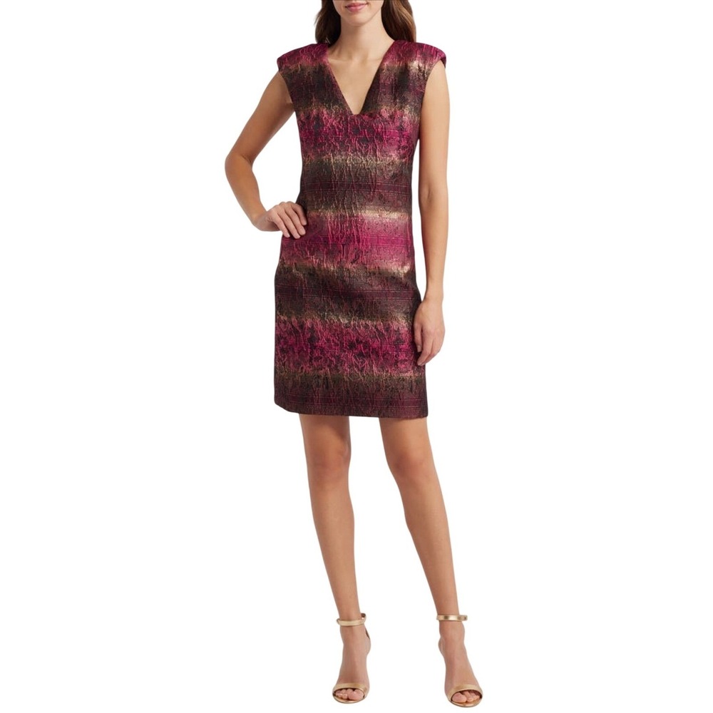 Vince Camuto Dress Size 10 Pink Black Gold Metallic Brocade Sheath Cocktail‎ New